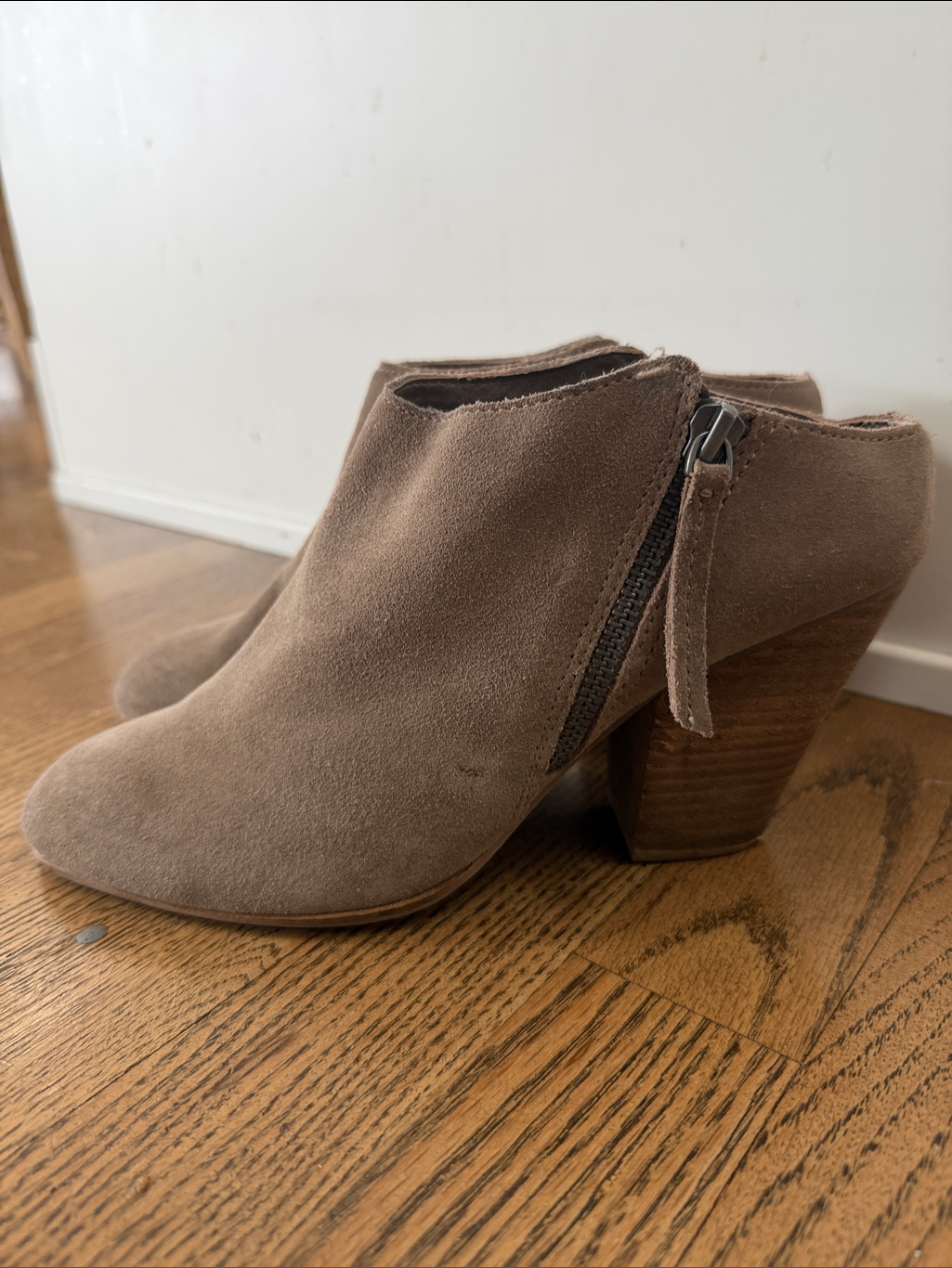 Dolce Vita Taupe Suede Slide Booties With Stacked Heel